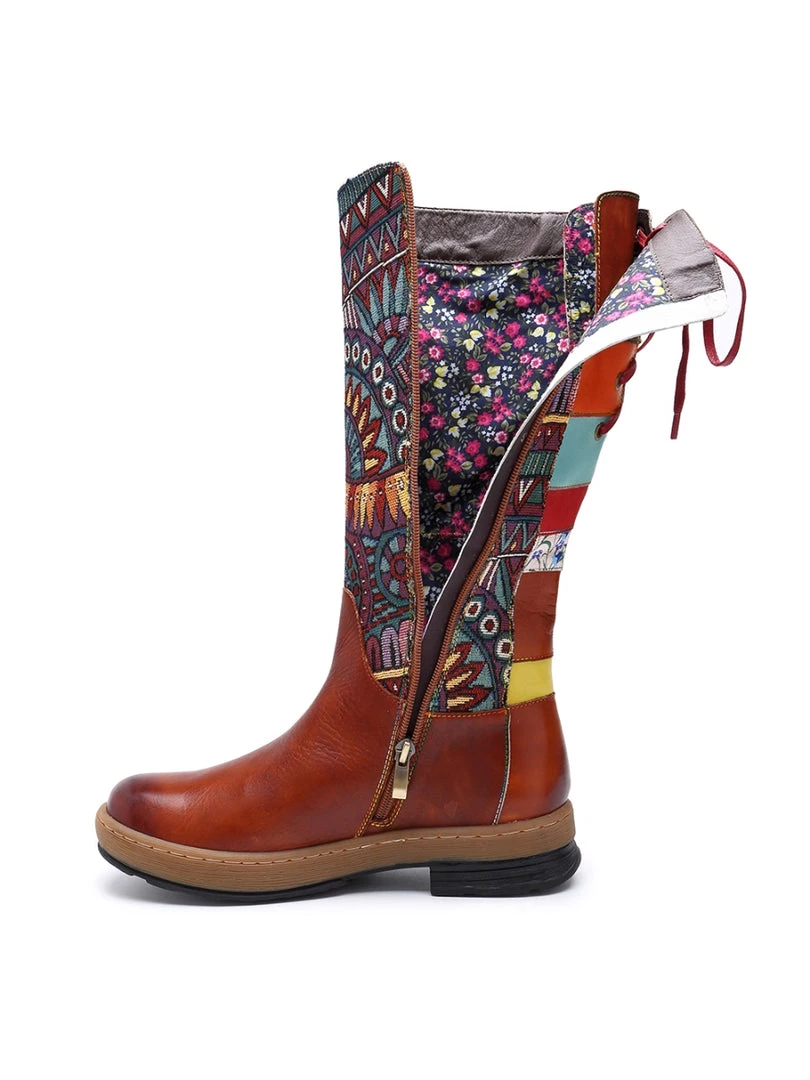 NEW ARRIVALS Soffia | Genuine Leather Brown Geometric Lace-Up Back Flat Knee Boots 8 NEW ARRIVALS Soffia | Genuine Leather Brown Geometric Lace-Up Back Flat Knee Boots