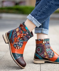 NEW ARRIVALS SOFFIA | Genuine Leather Aboriginal Arts Side Cross Tassel Flat Ankle Boots