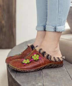 NEW ARRIVALS SOFFIA | Tiger Printed Wool Lined Applique Leather Slipper - Brown