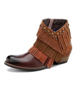 New In Shoes SOFFIA | Genuine Leather Brown Tasselled Cowboy Bootie Ankle Boots