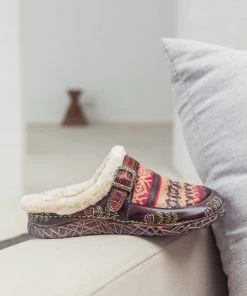 SOFFIA | Genuine Leather Geometry Printed Wool Lined Slippers Clogs - Brown NEW ARRIVALS