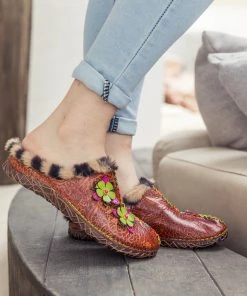 NEW ARRIVALS SOFFIA | Tiger Printed Wool Lined Applique Leather Slipper - Brown