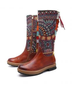 NEW ARRIVALS Soffia | Genuine Leather Brown Geometric Lace-Up Back Flat Knee Boots 18 NEW ARRIVALS Soffia | Genuine Leather Brown Geometric Lace-Up Back Flat Knee Boots