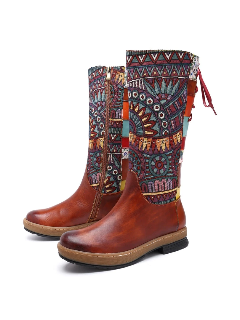 NEW ARRIVALS Soffia | Genuine Leather Brown Geometric Lace-Up Back Flat Knee Boots 9 NEW ARRIVALS Soffia | Genuine Leather Brown Geometric Lace-Up Back Flat Knee Boots