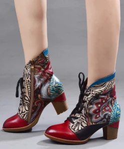 RXD New In Shoes SOFFIA | Geometric Printed Floral Genuine Leather Bootie - Claret