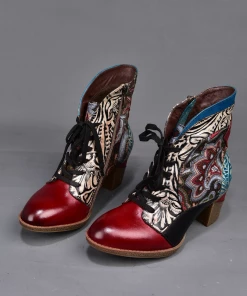 RXD New In Shoes SOFFIA | Geometric Printed Floral Genuine Leather Bootie - Claret