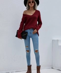 MY New In Clothing Smaibulun | Burgundy Marjorie V-neck Knit Sweater
