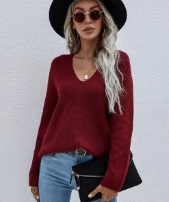 MY New In Clothing Smaibulun | Burgundy Marjorie V-neck Knit Sweater