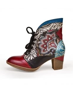 RXD New In Shoes SOFFIA | Geometric Printed Floral Genuine Leather Bootie - Claret