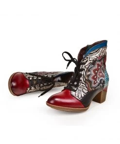 RXD New In Shoes SOFFIA | Geometric Printed Floral Genuine Leather Bootie - Claret