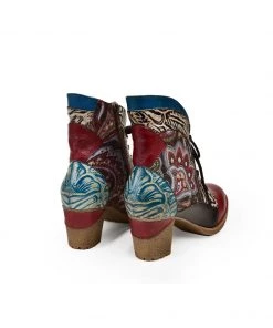 RXD New In Shoes SOFFIA | Geometric Printed Floral Genuine Leather Bootie - Claret