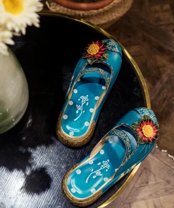 JF SOFFIA | Genuine Leather Cerulean Ribbed-Sole Floral Appliqued Sandals Clogs NEW ARRIVALS