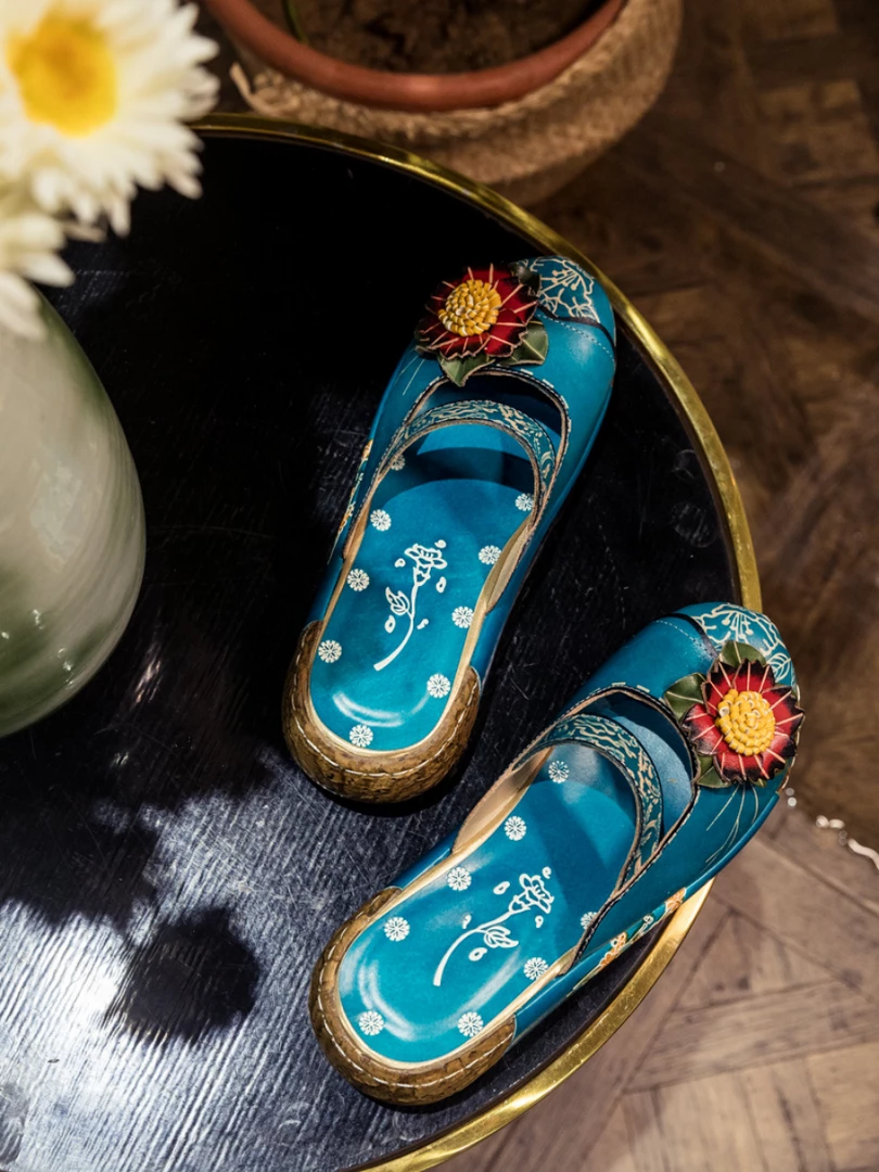 JF SOFFIA | Genuine Leather Cerulean Ribbed-Sole Floral Appliqued Sandals Clogs NEW ARRIVALS 1 JF SOFFIA | Genuine Leather Cerulean Ribbed-Sole Floral Appliqued Sandals Clogs NEW ARRIVALS
