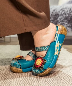 JF SOFFIA | Genuine Leather Cerulean Ribbed-Sole Floral Appliqued Sandals Clogs NEW ARRIVALS