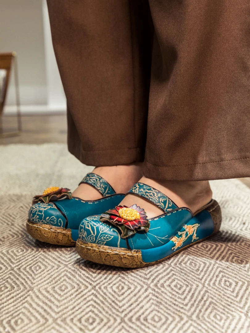 JF SOFFIA | Genuine Leather Cerulean Ribbed-Sole Floral Appliqued Sandals Clogs NEW ARRIVALS 3 JF SOFFIA | Genuine Leather Cerulean Ribbed-Sole Floral Appliqued Sandals Clogs NEW ARRIVALS