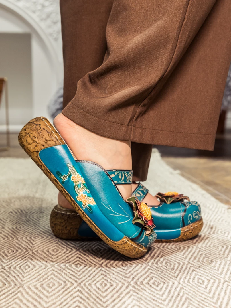 JF SOFFIA | Genuine Leather Cerulean Ribbed-Sole Floral Appliqued Sandals Clogs NEW ARRIVALS 4 JF SOFFIA | Genuine Leather Cerulean Ribbed-Sole Floral Appliqued Sandals Clogs NEW ARRIVALS