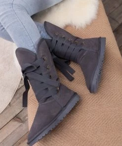 XH SMAIBULUN UGG™ | Charcoal Ribbon Lace-Up Faux Fur-Lined Suede Boots