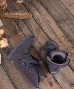 XH SMAIBULUN UGG™ | Charcoal Ribbon Lace-Up Faux Fur-Lined Suede Boots