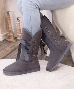 XH SMAIBULUN UGG™ | Charcoal Ribbon Lace-Up Faux Fur-Lined Suede Boots