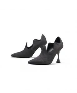 Jady Rose JadyRose | Scalloped Edges-Curve Shaped Leather Stilettos - Charcoal