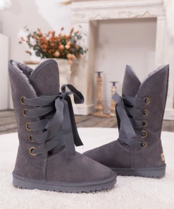 XH SMAIBULUN UGG™ | Charcoal Ribbon Lace-Up Faux Fur-Lined Suede Boots