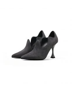 Jady Rose JadyRose | Scalloped Edges-Curve Shaped Leather Stilettos - Charcoal
