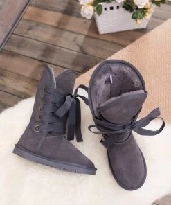 XH SMAIBULUN UGG™ | Charcoal Ribbon Lace-Up Faux Fur-Lined Suede Boots
