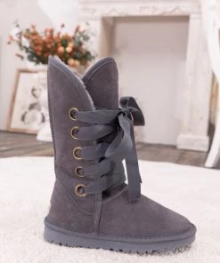 XH SMAIBULUN UGG™ | Charcoal Ribbon Lace-Up Faux Fur-Lined Suede Boots