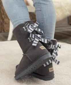 XH SMAIBULUN UGG™ | Double Stripe-Bow Grey Suede Boots New In Shoes
