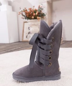 XH SMAIBULUN UGG™ | Charcoal Ribbon Lace-Up Faux Fur-Lined Suede Boots