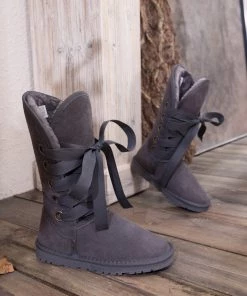 XH SMAIBULUN UGG™ | Charcoal Ribbon Lace-Up Faux Fur-Lined Suede Boots