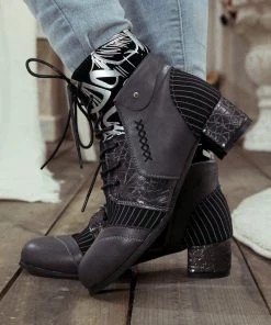 YL En Bloom | Silver Butterfly Embroidered Charcoal Ankle Boot