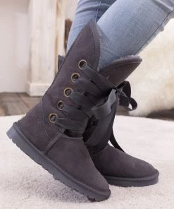 XH SMAIBULUN UGG™ | Charcoal Ribbon Lace-Up Faux Fur-Lined Suede Boots