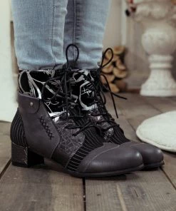YL En Bloom | Silver Butterfly Embroidered Charcoal Ankle Boot