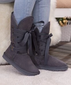 XH SMAIBULUN UGG™ | Charcoal Ribbon Lace-Up Faux Fur-Lined Suede Boots