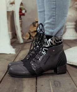 YL En Bloom | Silver Butterfly Embroidered Charcoal Ankle Boot