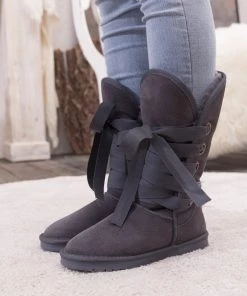 XH SMAIBULUN UGG™ | Charcoal Ribbon Lace-Up Faux Fur-Lined Suede Boots