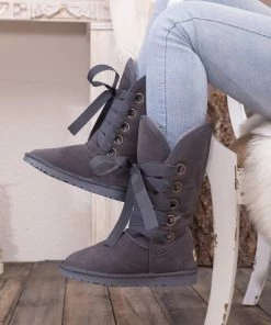 XH SMAIBULUN UGG™ | Charcoal Ribbon Lace-Up Faux Fur-Lined Suede Boots