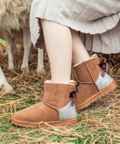 XH SMAIBULUN UGG™ | Back Sequins Ribbon Bow Faux Fur-Lined Suede Boots - Chestnut NEW ARRIVALS