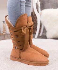 XH SMAIBULUN UGG™ | Chestnut Ribbon Lace-Up Faux Fur-Lined Suede Boots New In Shoes