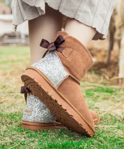 XH SMAIBULUN UGG™ | Back Sequins Ribbon Bow Faux Fur-Lined Suede Boots - Chestnut NEW ARRIVALS