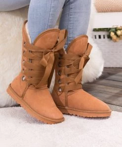 XH SMAIBULUN UGG™ | Chestnut Ribbon Lace-Up Faux Fur-Lined Suede Boots New In Shoes
