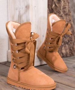XH SMAIBULUN UGG™ | Chestnut Ribbon Lace-Up Faux Fur-Lined Suede Boots New In Shoes
