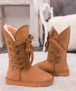 XH SMAIBULUN UGG™ | Chestnut Ribbon Lace-Up Faux Fur-Lined Suede Boots New In Shoes