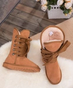 XH SMAIBULUN UGG™ | Chestnut Ribbon Lace-Up Faux Fur-Lined Suede Boots New In Shoes
