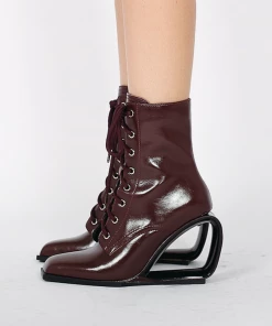 Jady Rose New In Shoes JadyRose | Elevator Wedge-Heel Shoelace Chocolate Leather Boot