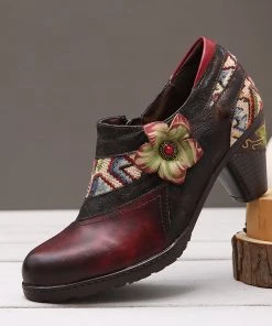 SOFFIA | Genuine Leather Dark Claret Floral Heel Bootie Oxford Shoes