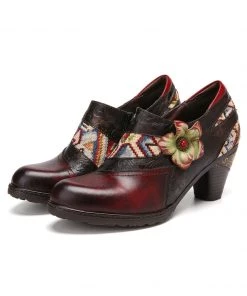 SOFFIA | Genuine Leather Dark Claret Floral Heel Bootie Oxford Shoes