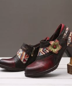SOFFIA | Genuine Leather Dark Claret Floral Heel Bootie Oxford Shoes