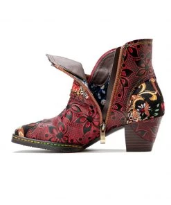 SOFFIA | Genuine Leather Orchid Embossed Red Heel Ankle Boots New In Shoes